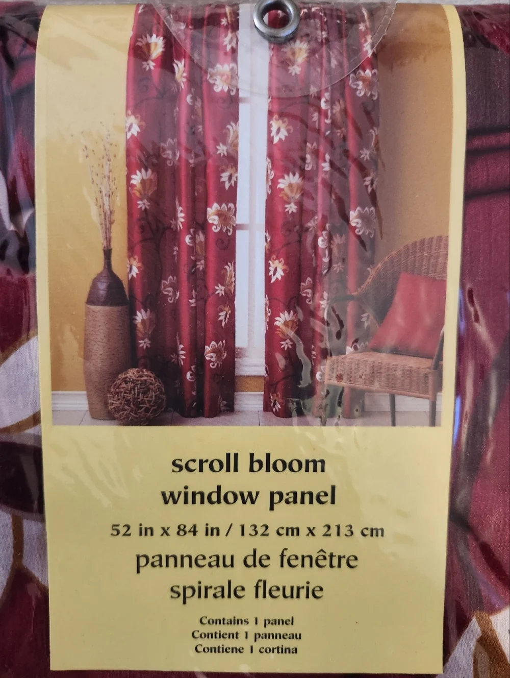 Pier 1 Burgundy Floral Scroll Window Panel with Gold and Cream Accents